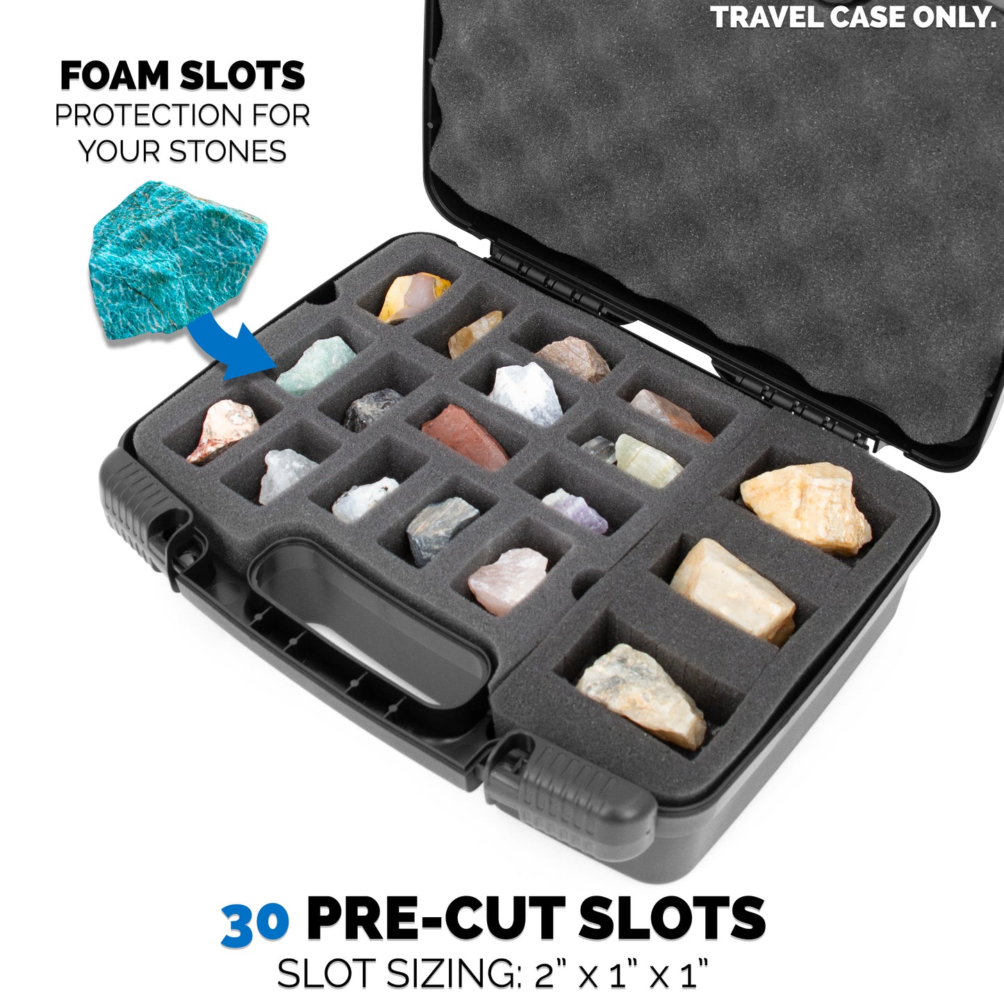 Rock Collection Travel Case - 30 Slot Rock Collection Box with Two Pre-Cut Foam Trays, Protective Crystal Storage Travel Case with Customizable Foam Section!