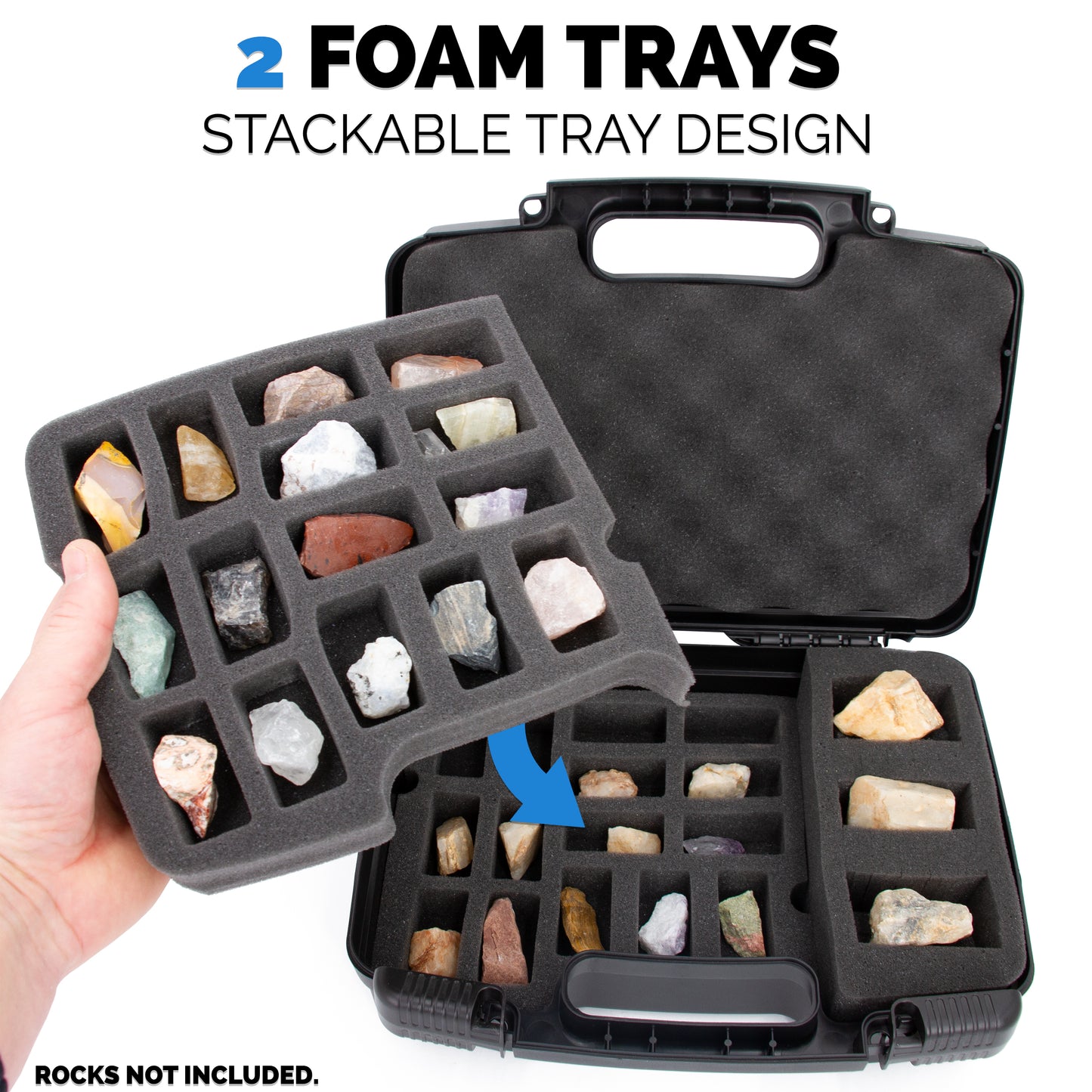 Rock Collection Travel Case - 30 Slot Rock Collection Box with Two Pre-Cut Foam Trays, Protective Crystal Storage Travel Case with Customizable Foam Section!