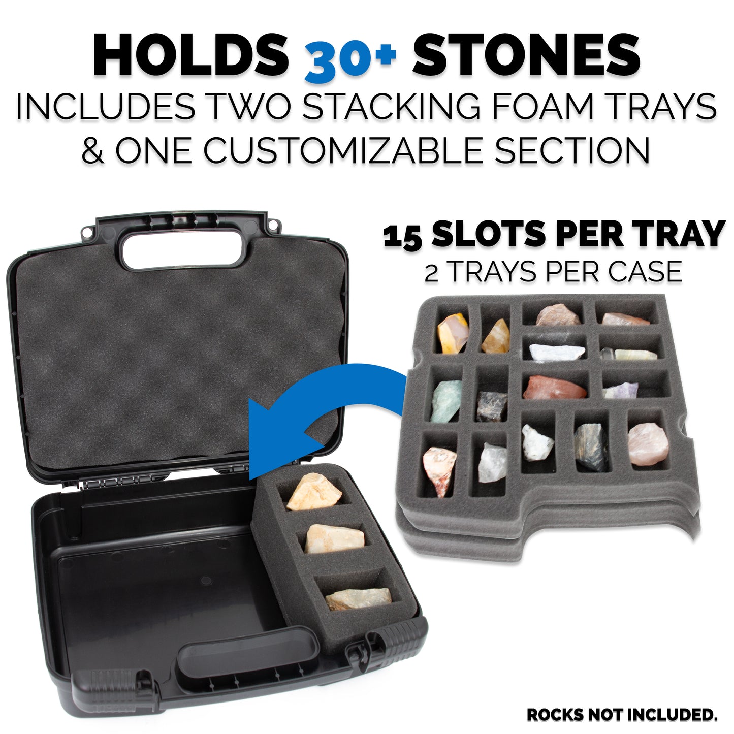 Rock Collection Travel Case - 30 Slot Rock Collection Box with Two Pre-Cut Foam Trays, Protective Crystal Storage Travel Case with Customizable Foam Section!