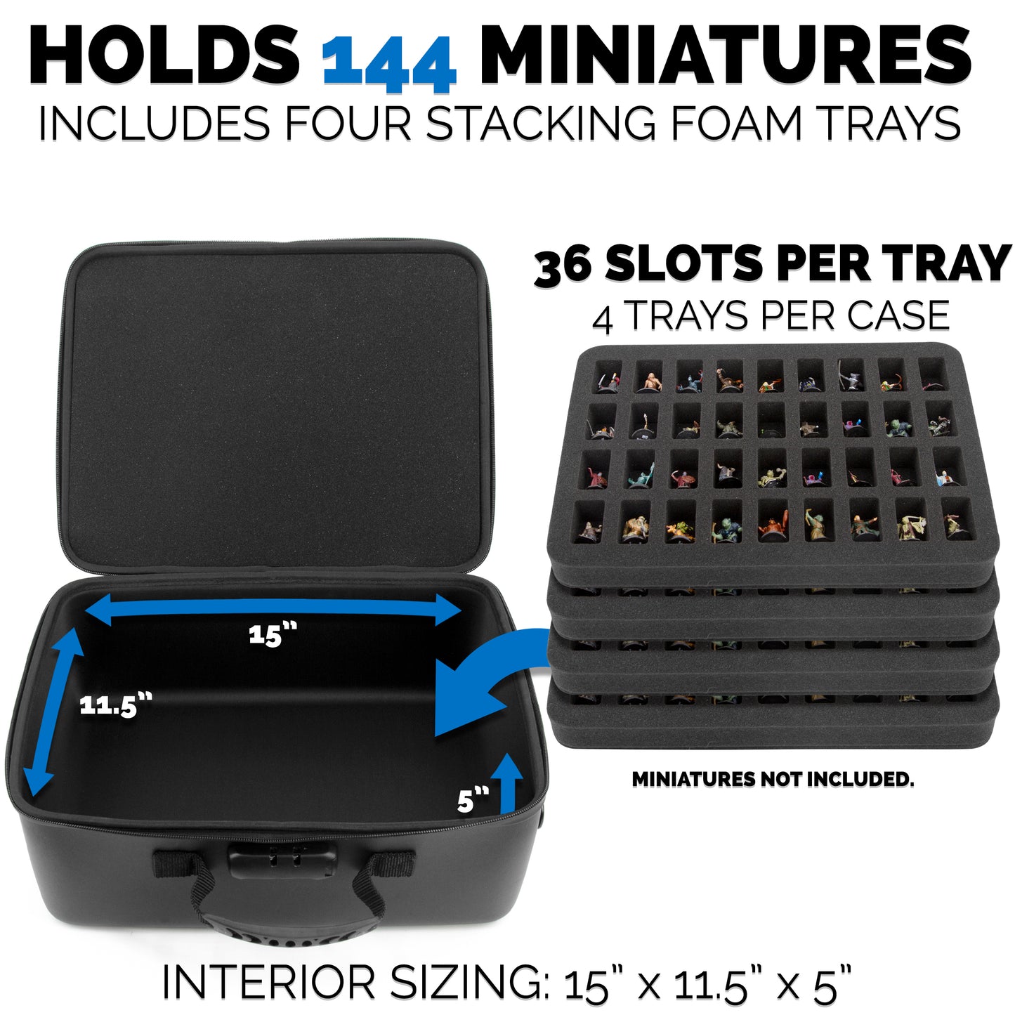 Miniature Carrying Case with Programmable Lock - 144 Slot Miniature Storage Case with Four Foam Trays For Minis, Shoulder Strap and More!
