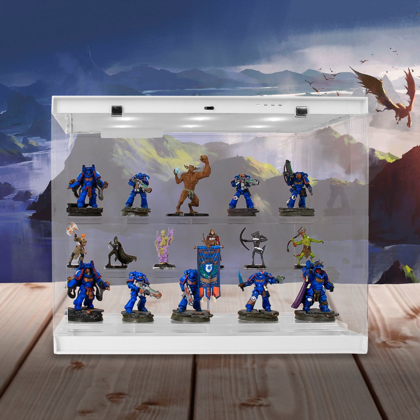 LED Display Case for Miniatures - 3-Tier Clear Acrylic Storage with 20 Grip Pads