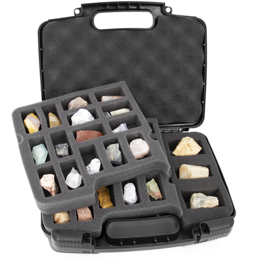Rock Collection Travel Case - 30 Slot Rock Collection Box with Two Pre-Cut Foam Trays, Protective Crystal Storage Travel Case with Customizable Foam Section!