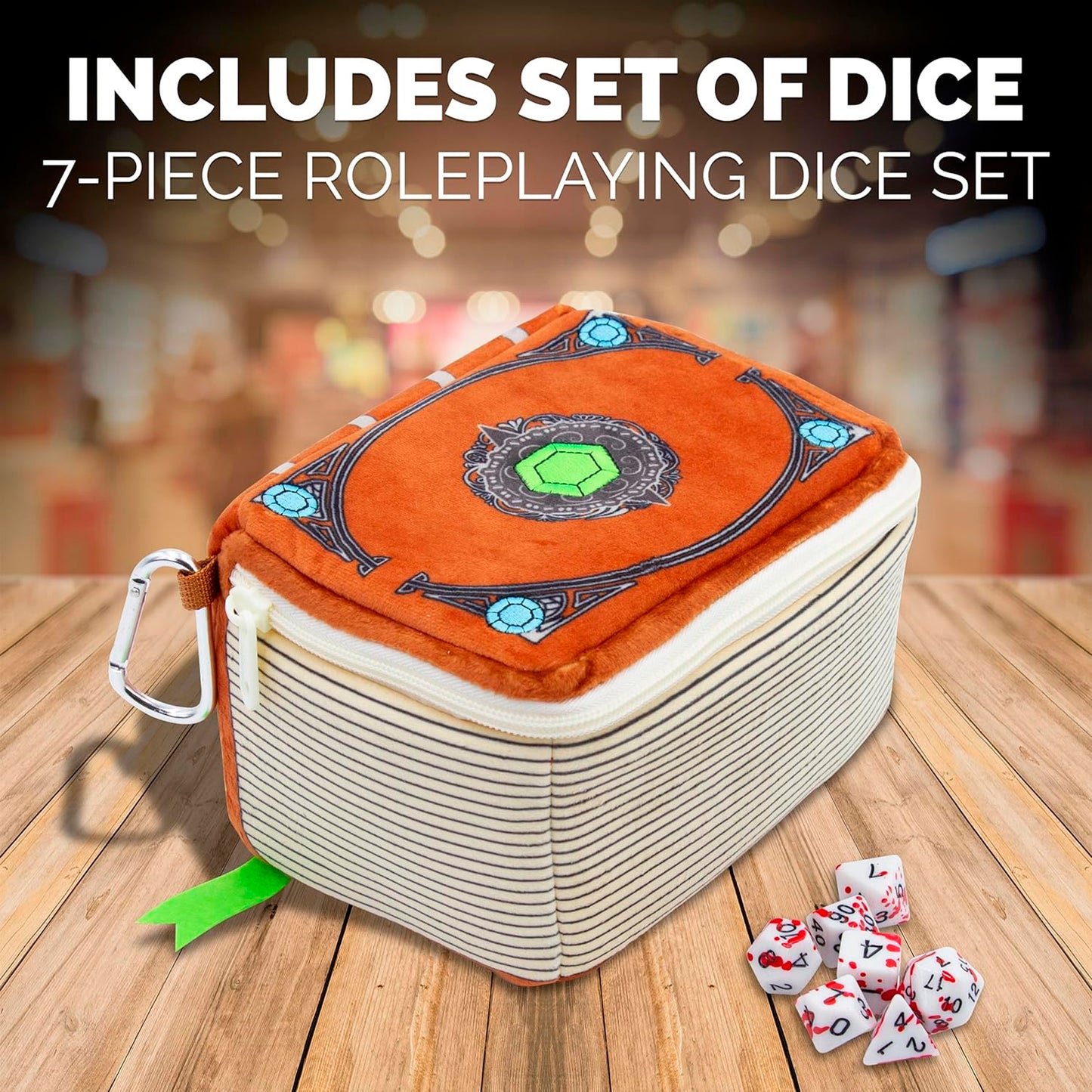 Mimic Tome Dice Chest and Dice Case with 7 Included RPG Dice - Plush Dice Bag with Zipper Closure and Carabiner for 250 DnD Tabletop Dice