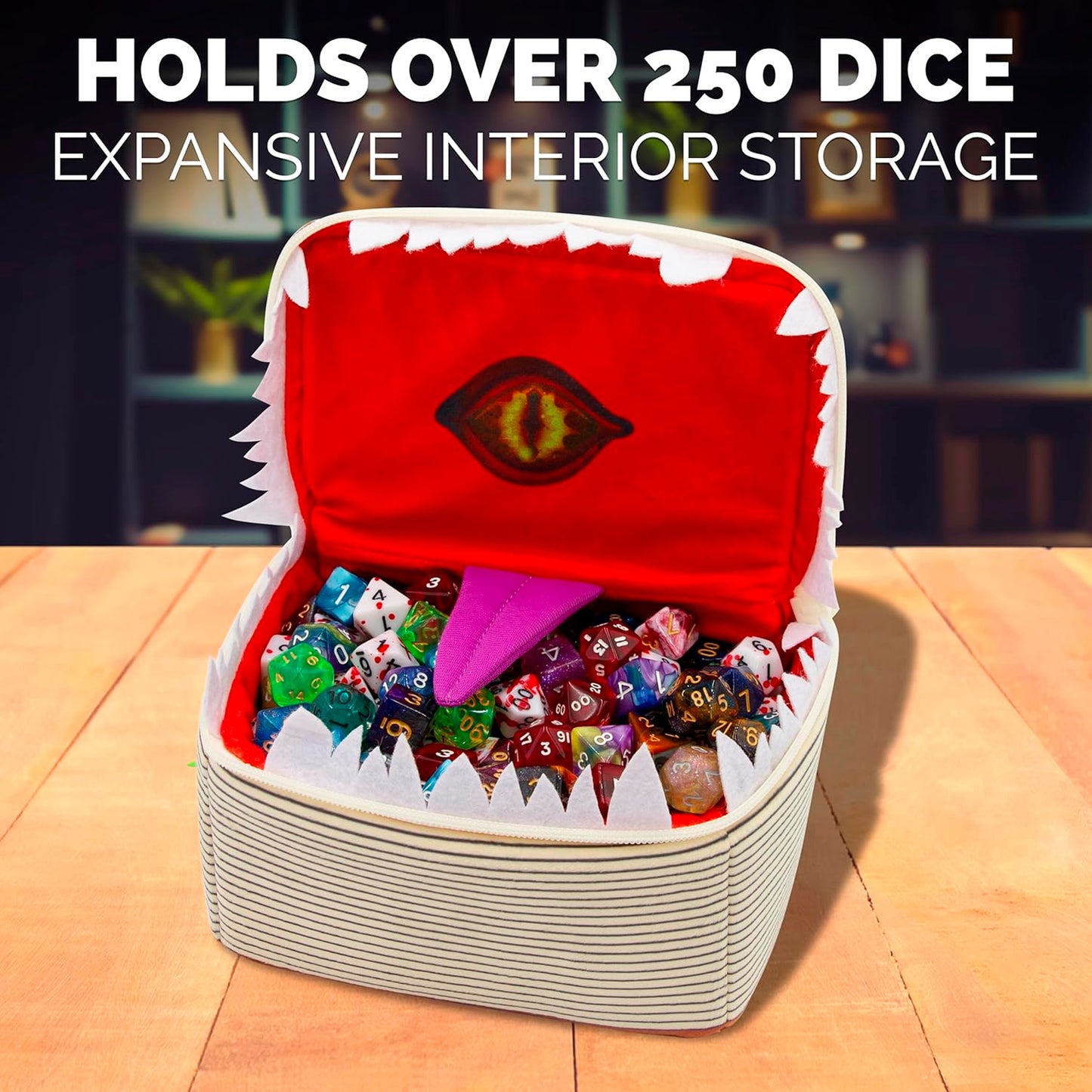 Mimic Tome Dice Chest and Dice Case with 7 Included RPG Dice - Plush Dice Bag with Zipper Closure and Carabiner for 250 DnD Tabletop Dice