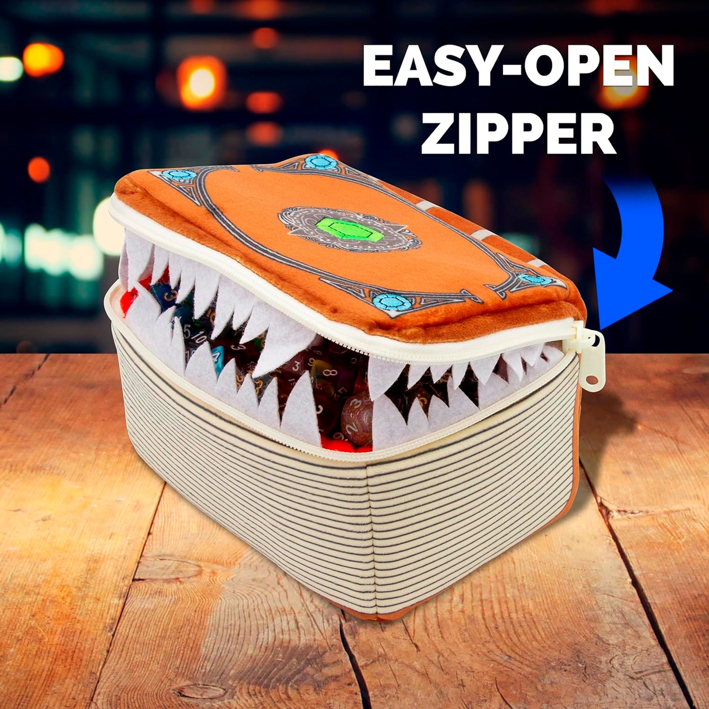 Mimic Tome Dice Chest and Dice Case with 7 Included RPG Dice - Plush Dice Bag with Zipper Closure and Carabiner for 250 DnD Tabletop Dice