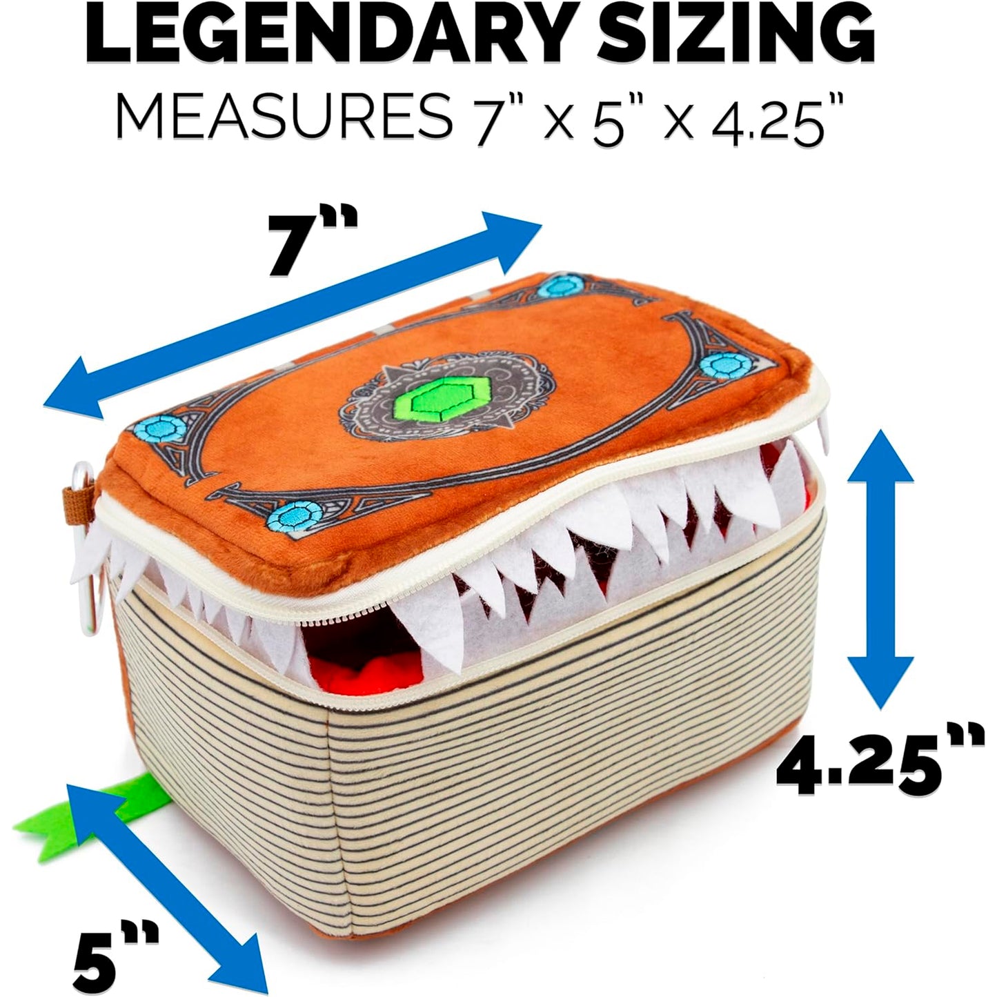 Mimic Tome Dice Chest and Dice Case with 7 Included RPG Dice - Plush Dice Bag with Zipper Closure and Carabiner for 250 DnD Tabletop Dice