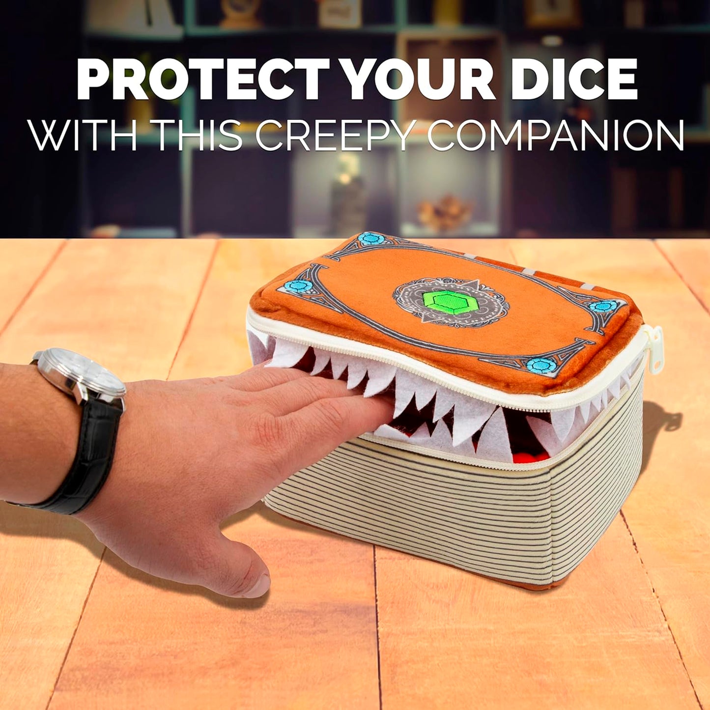 Mimic Tome Dice Chest and Dice Case with 7 Included RPG Dice - Plush Dice Bag with Zipper Closure and Carabiner for 250 DnD Tabletop Dice