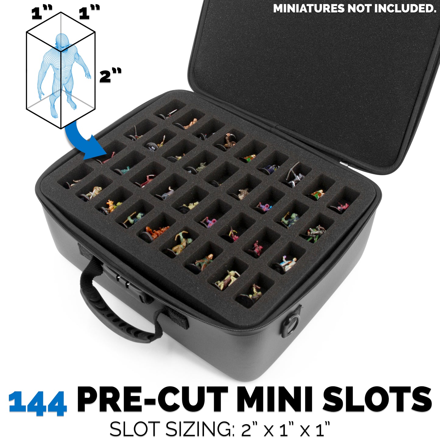 Miniature Carrying Case with Programmable Lock - 144 Slot Miniature Storage Case with Four Foam Trays For Minis, Shoulder Strap and More!