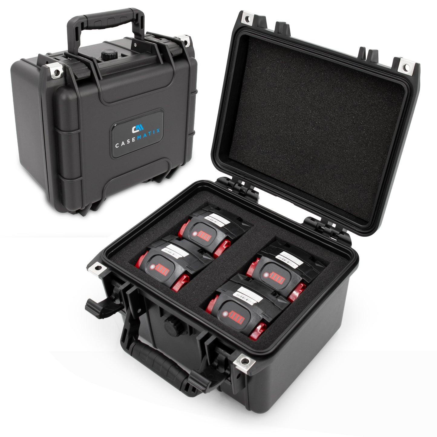 Portable Drill Battery Case – Holds 4 Milwaukee M18 Batteries, IPX7 Waterproof, Crushproof Hard Case with 6″x4.5″x3.2″ Precut Foam