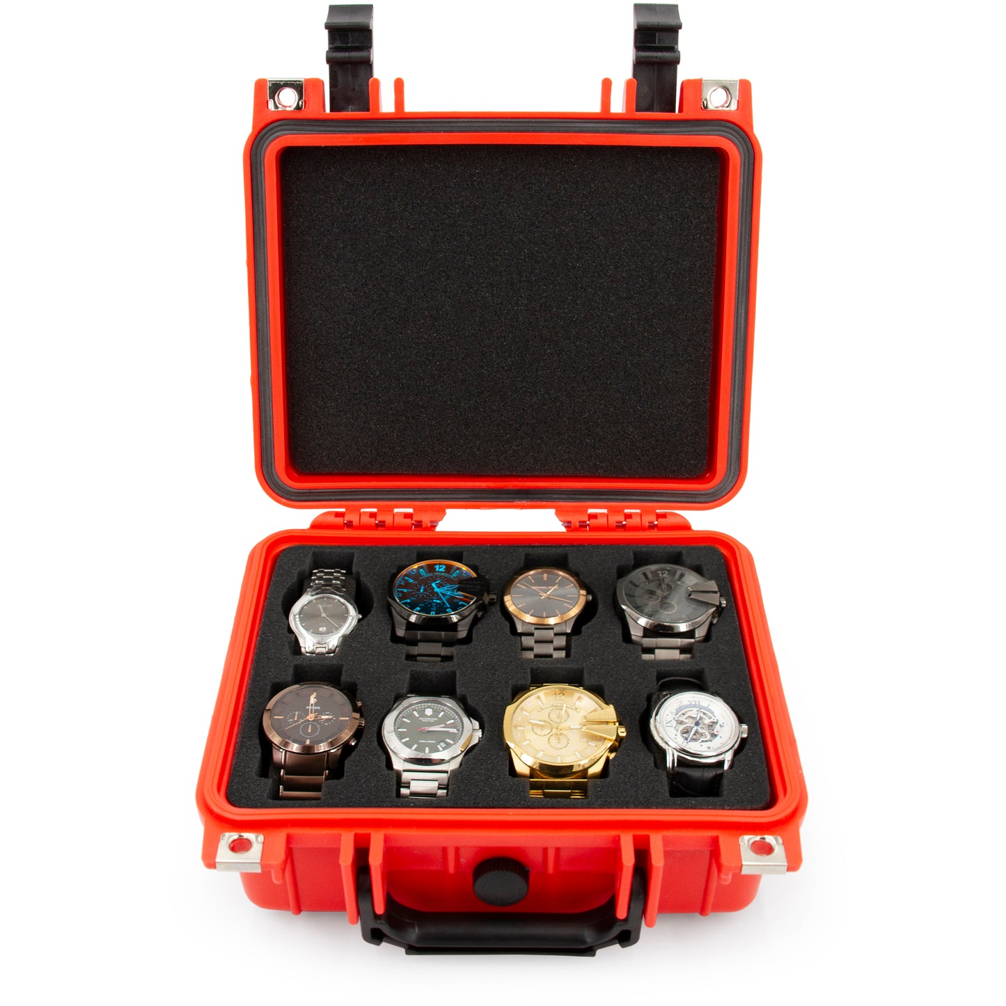 Watch Travel Case With 8 Watch Roll Holders Included - Waterproof Watch Case With Foam Watch Box Display Tray, Fits 24mm to 56mm Faces, Red