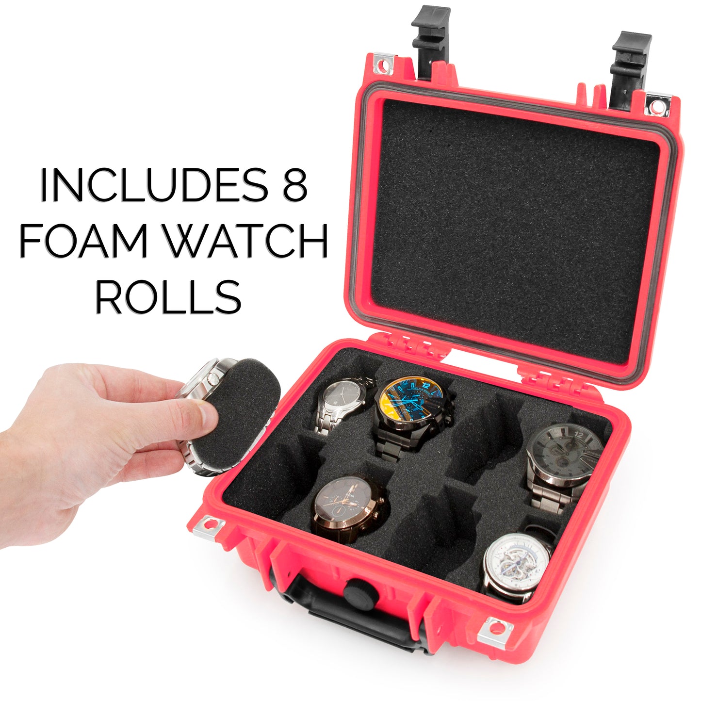 Watch Travel Case With 8 Watch Roll Holders Included - Waterproof Watch Case With Foam Watch Box Display Tray, Fits 24mm to 56mm Faces, Red