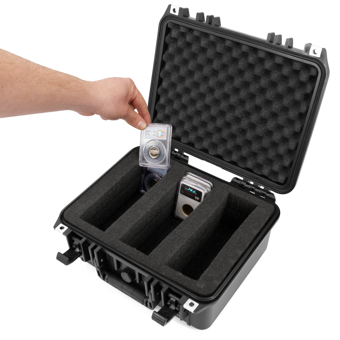 Graded Coin Case Compatible with 55+ PCGS or NGC Coin Slabs, Waterproof Coin Storage Box with Customizable Foam