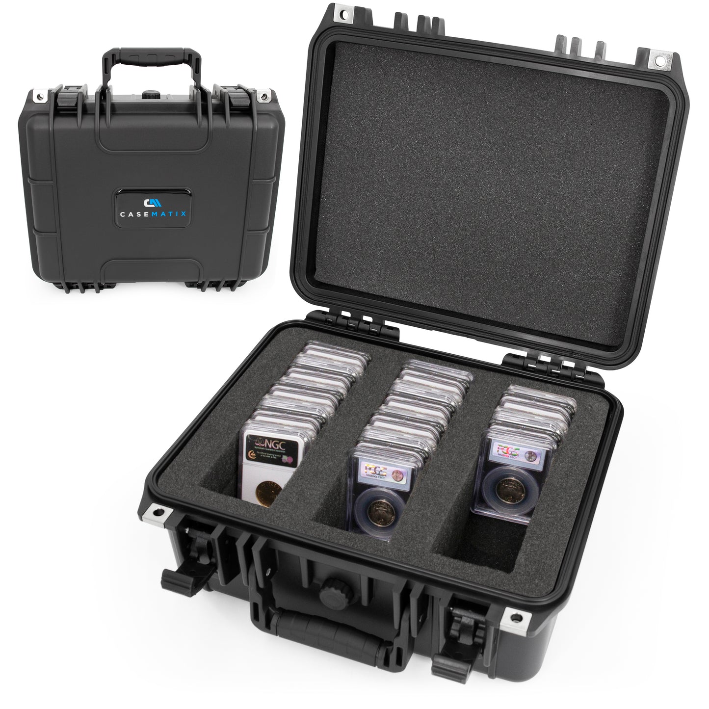 Graded Coin Case Compatible with 55+ PCGS or NGC Coin Slabs, Waterproof Coin Storage Box with Customizable Foam