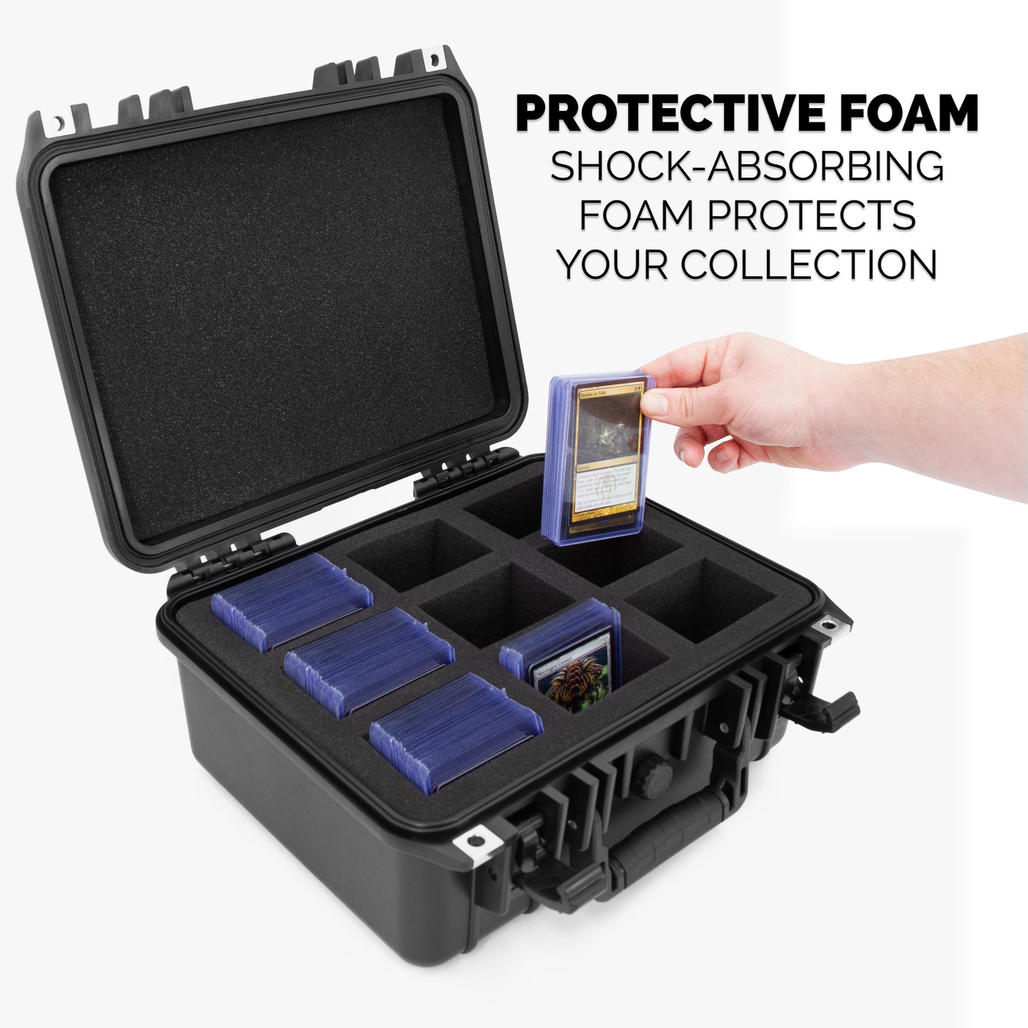 Waterproof One Touch Card Holder Case and Toploader Trading Card Storage with Custom Foam Fits 315 Top Loaders For Sports Cards or 65 Magnetic Holders