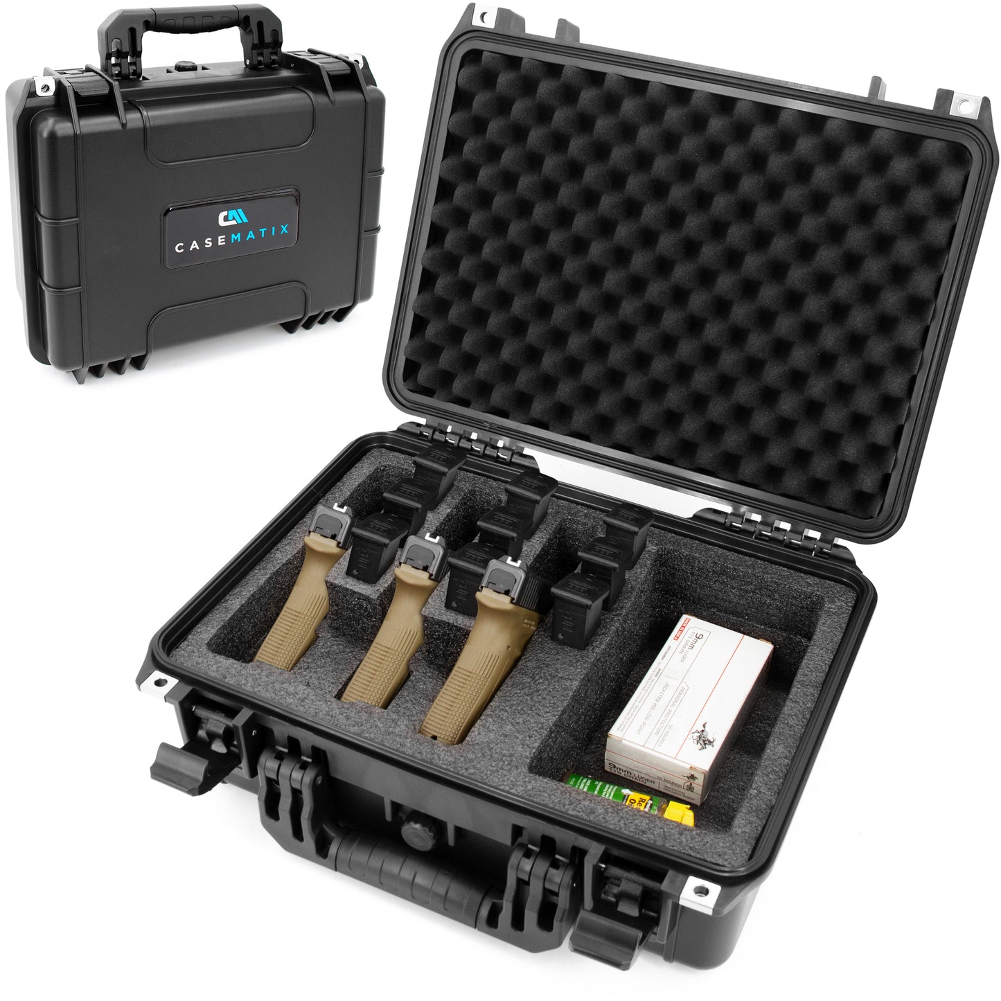 TSA Approved 3 Pistol Case - 16" IPX7 Waterproof Handgun Case for 3 Handguns & 9 Magazines with Accessory Storage & Hard Shell