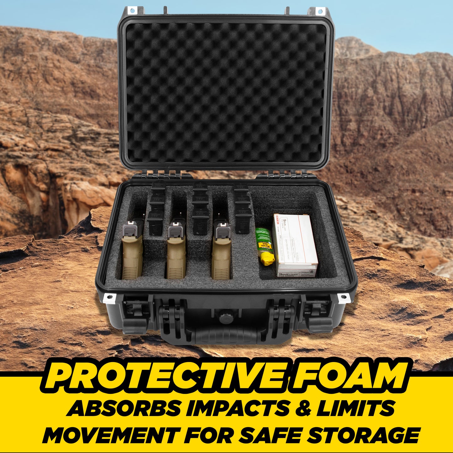 TSA Approved 3 Pistol Case - 16" IPX7 Waterproof Handgun Case for 3 Handguns & 9 Magazines with Accessory Storage & Hard Shell