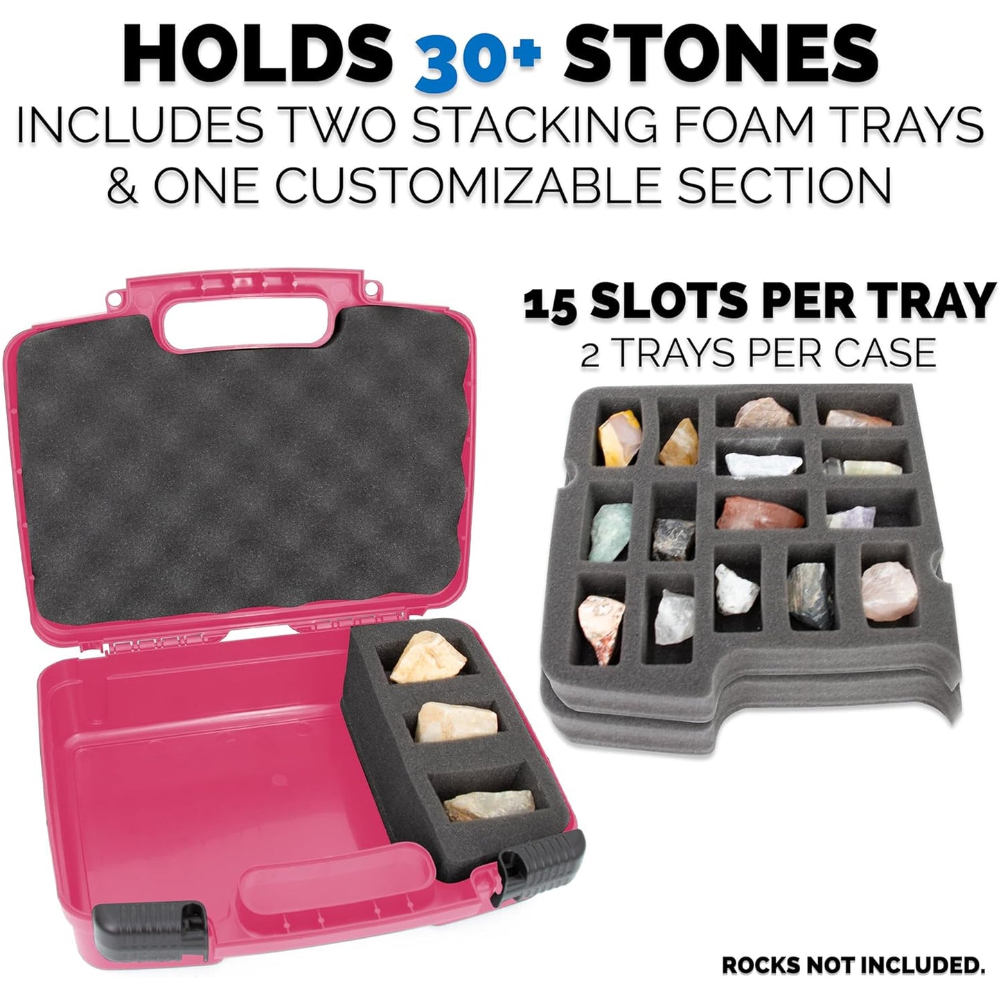 Rock Collection Travel Case - 30 Slot Rock Collection Box with Two Pre-Cut Foam Trays, Protective Crystal Storage Travel Case with Customizable Foam Section!