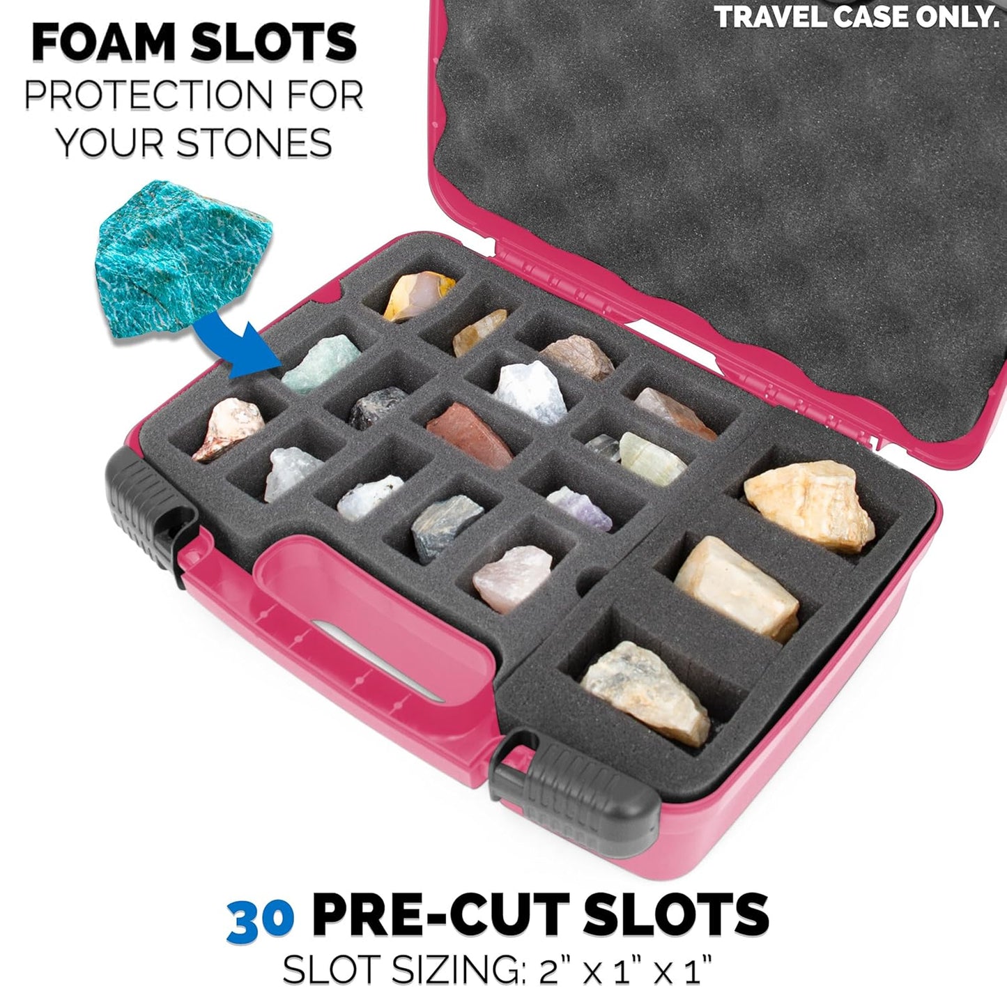 Rock Collection Travel Case - 30 Slot Rock Collection Box with Two Pre-Cut Foam Trays, Protective Crystal Storage Travel Case with Customizable Foam Section!