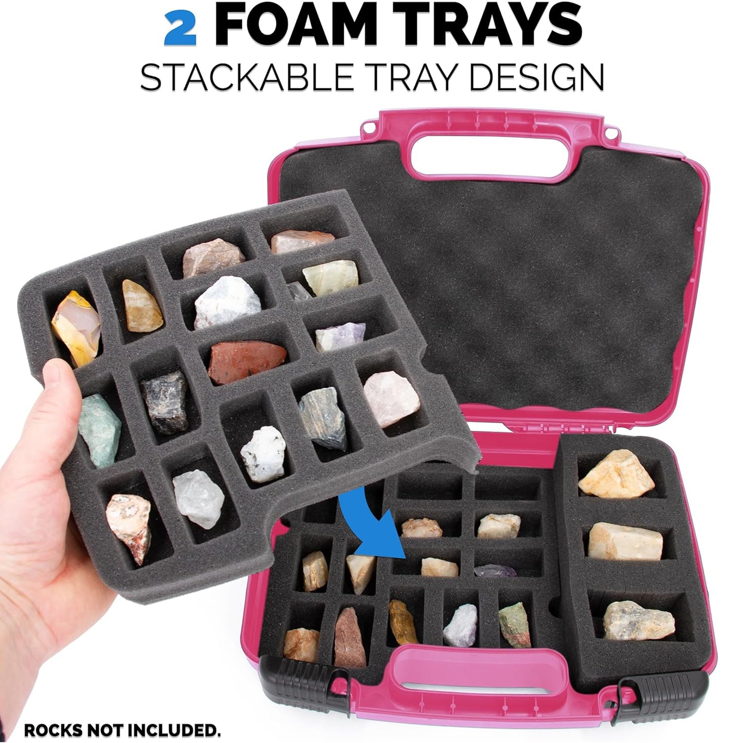 Rock Collection Travel Case - 30 Slot Rock Collection Box with Two Pre-Cut Foam Trays, Protective Crystal Storage Travel Case with Customizable Foam Section!