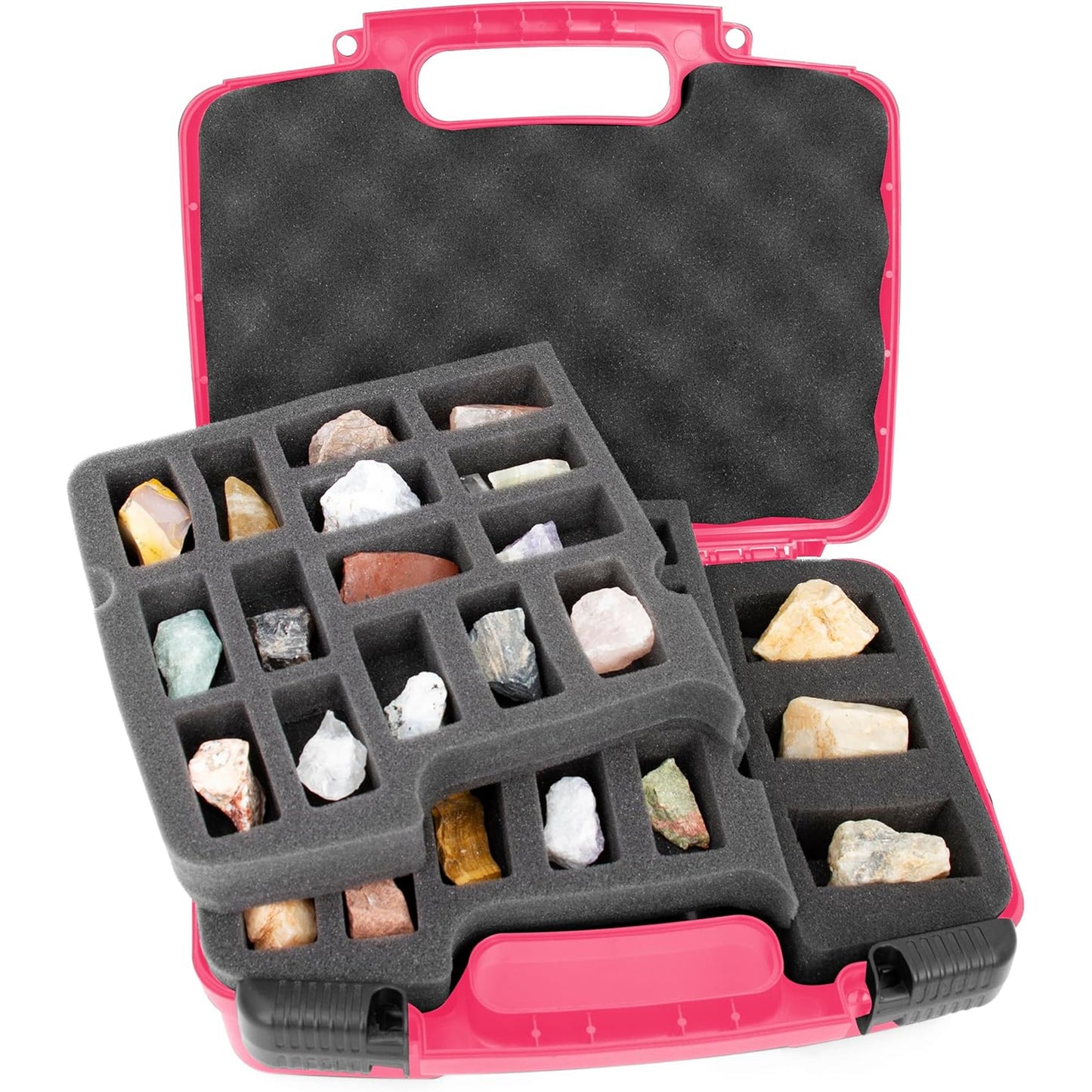 Rock Collection Travel Case - 30 Slot Rock Collection Box with Two Pre-Cut Foam Trays, Protective Crystal Storage Travel Case with Customizable Foam Section!