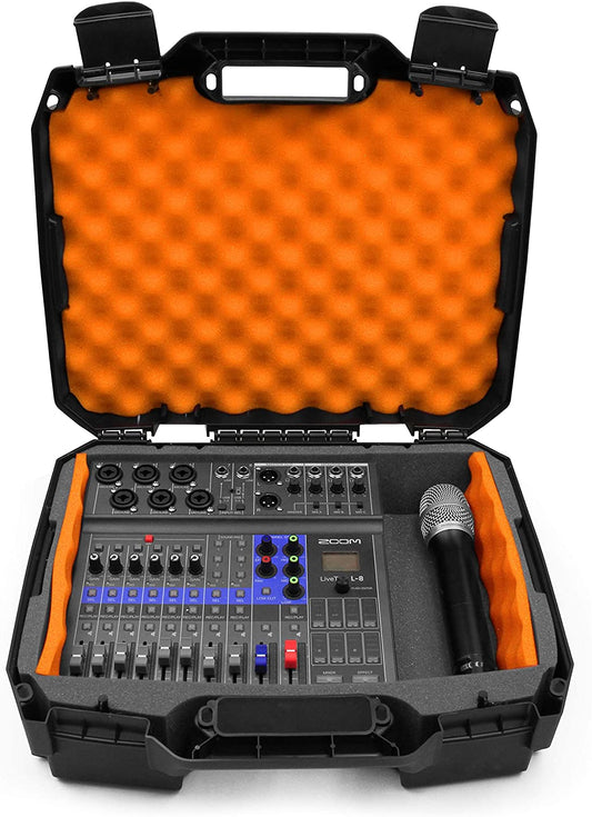 Portable Studio Mixer Case Compatible with Zoom LiveTrak L-8 Digital Recorder and Microphone- Custom Foam with Dual Padlock Holes & Carry Handle