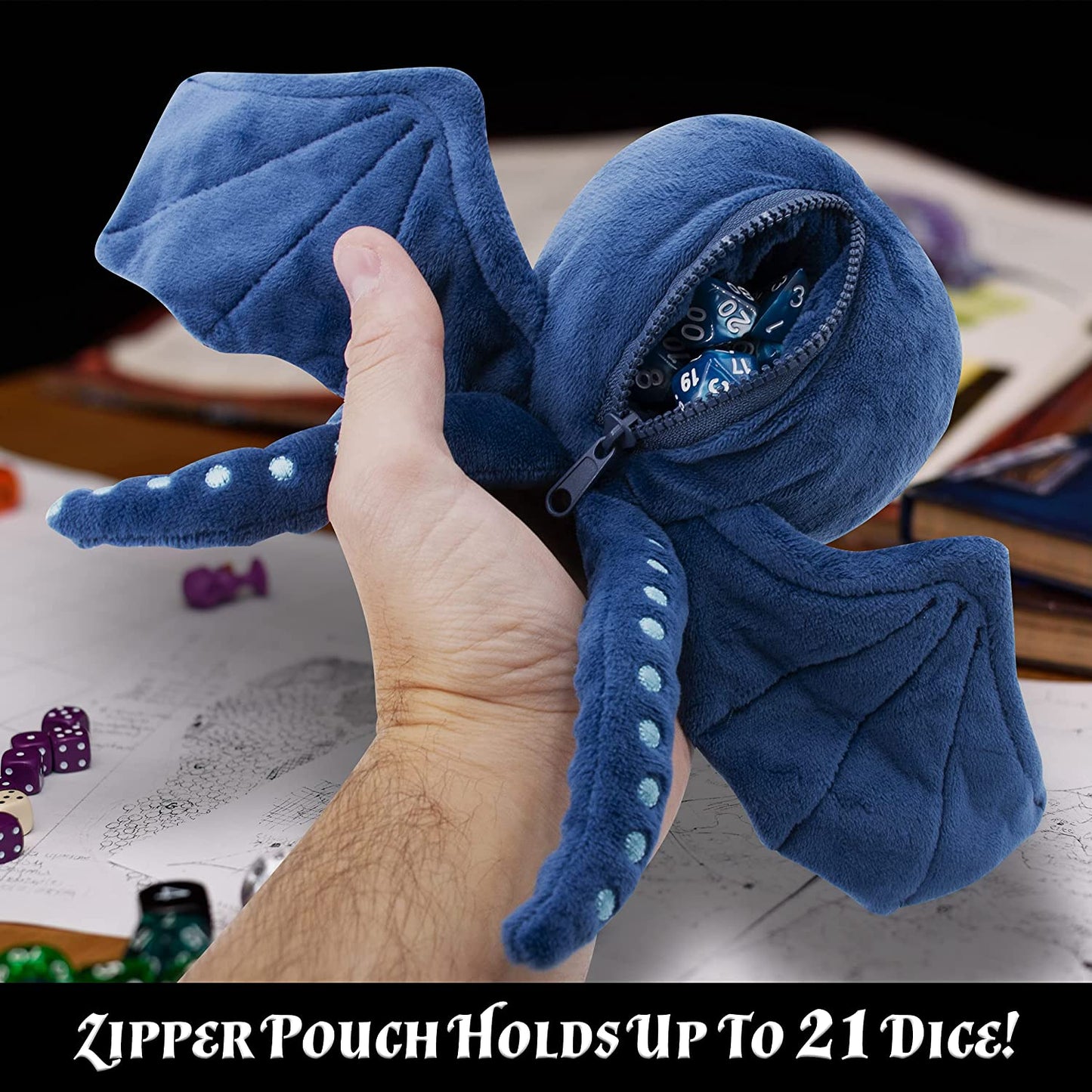 Soft Dice Case and Dice Holder with 7 Included RPG Dice - 9.5" Sea Monster Figure with Dice Storage Zipper Compartment for up to 21 Dice