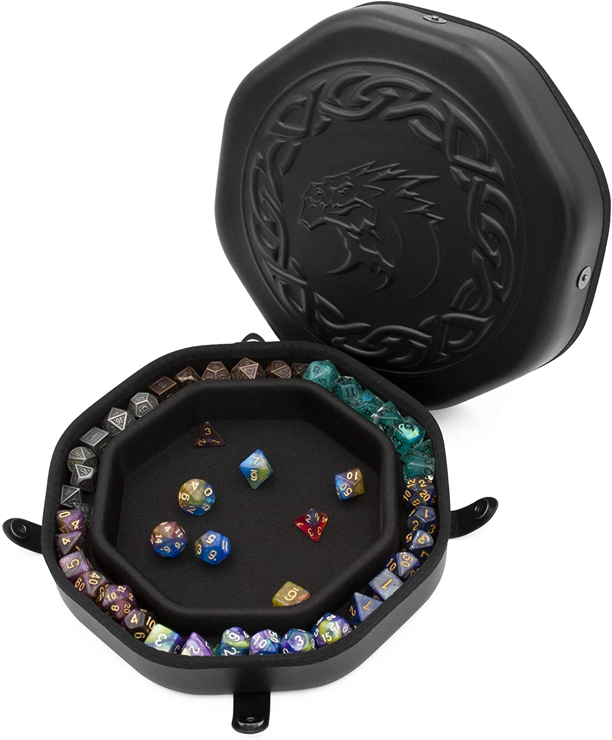 Dice Tray and Storage Case for Up to 115 RPG Dice - Dice Tray for Rolling with Magnetic Snaps, Embossed Design & Non-Scratch Interior