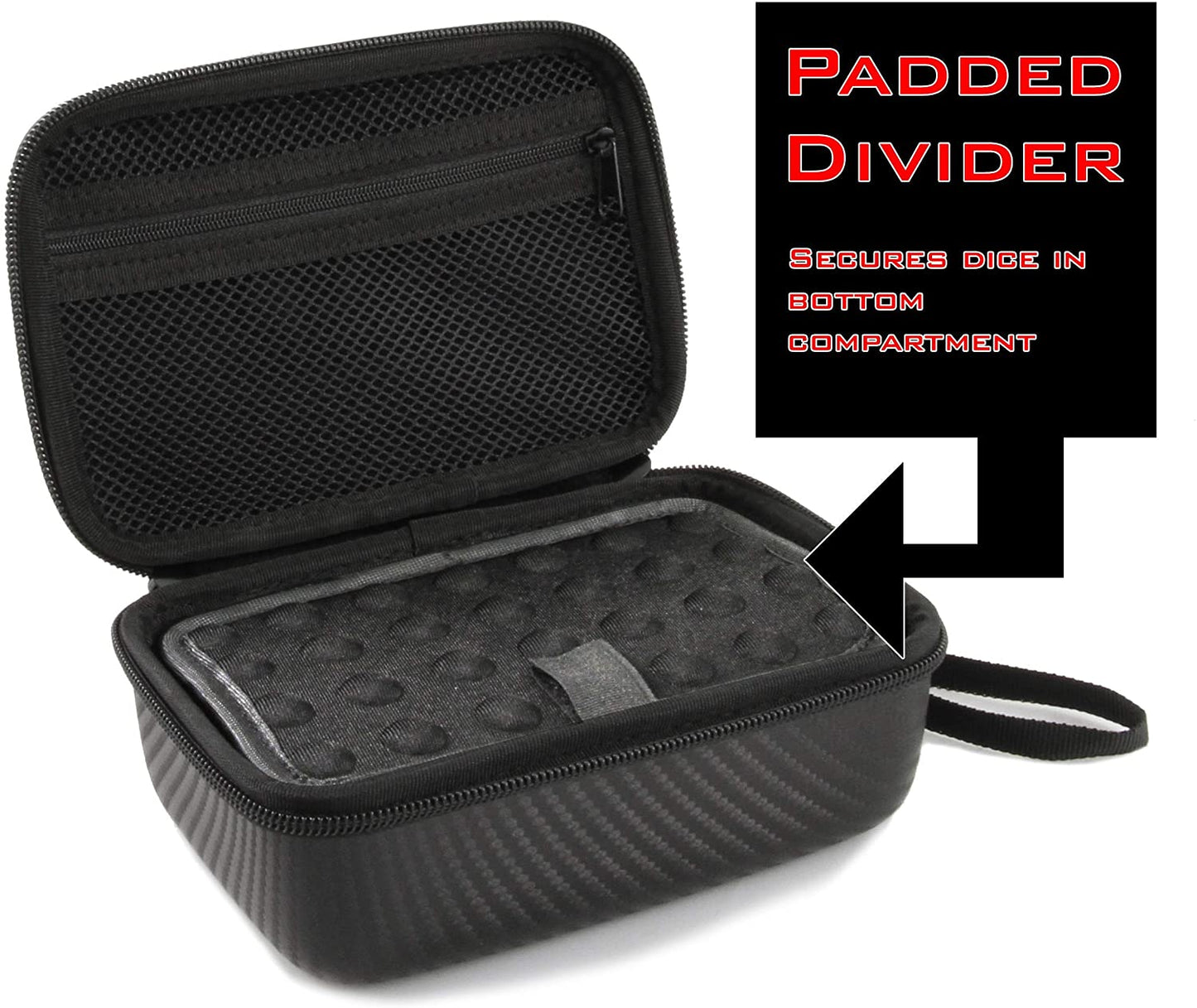 Travel Dice Case for 100+ RPG Dice with Padded Interior Divider and Wrist Strap - Hard Shell Protective DND Dice Box and RPG Dice Case