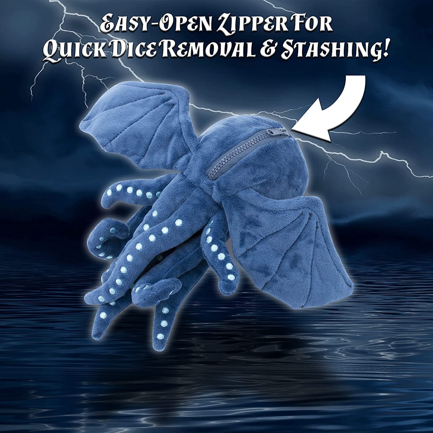 Soft Dice Case and Dice Holder with 7 Included RPG Dice - 9.5" Sea Monster Figure with Dice Storage Zipper Compartment for up to 21 Dice