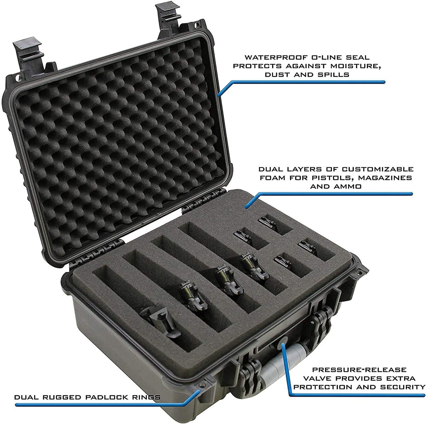 16" Customizable 4 Handgun Multiple Pistol Case - Waterproof & Shockproof Hard Gun Cases for Pistols and Magazines with Two Layers of 2" Foam