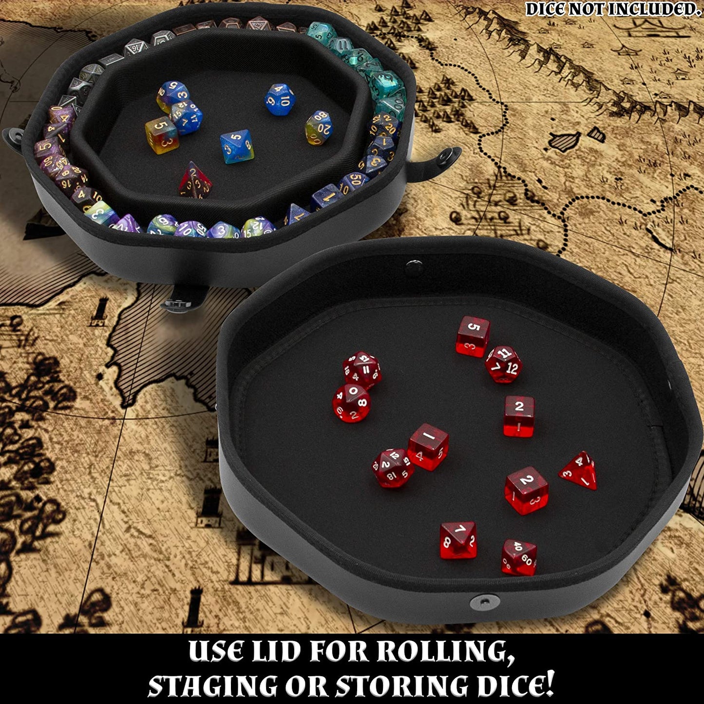 Dice Tray and Storage Case for Up to 115 RPG Dice - Dice Tray for Rolling with Magnetic Snaps, Embossed Design & Non-Scratch Interior