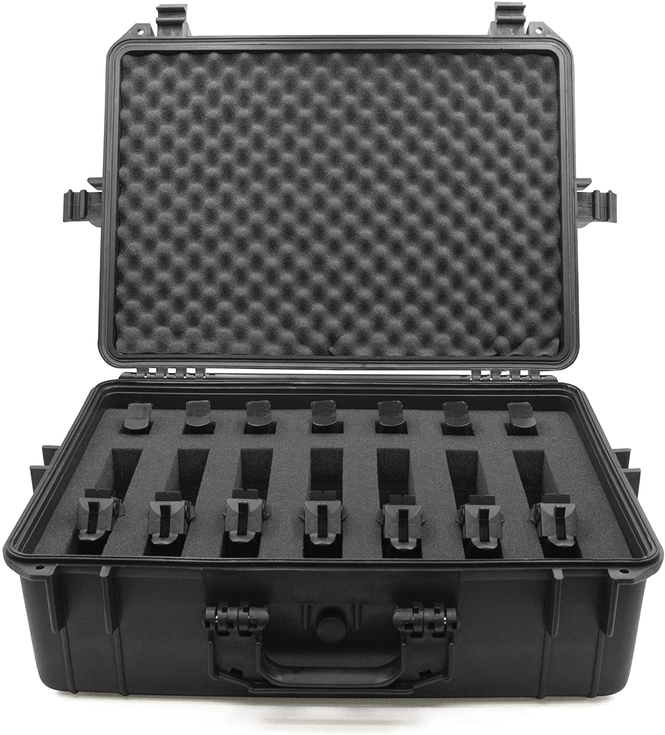 23" Handgun Range Case fits 7 Pistols - Waterproof Hard Shell Exterior with Dual 2" Customizable Foam Layers & Padlock Rings