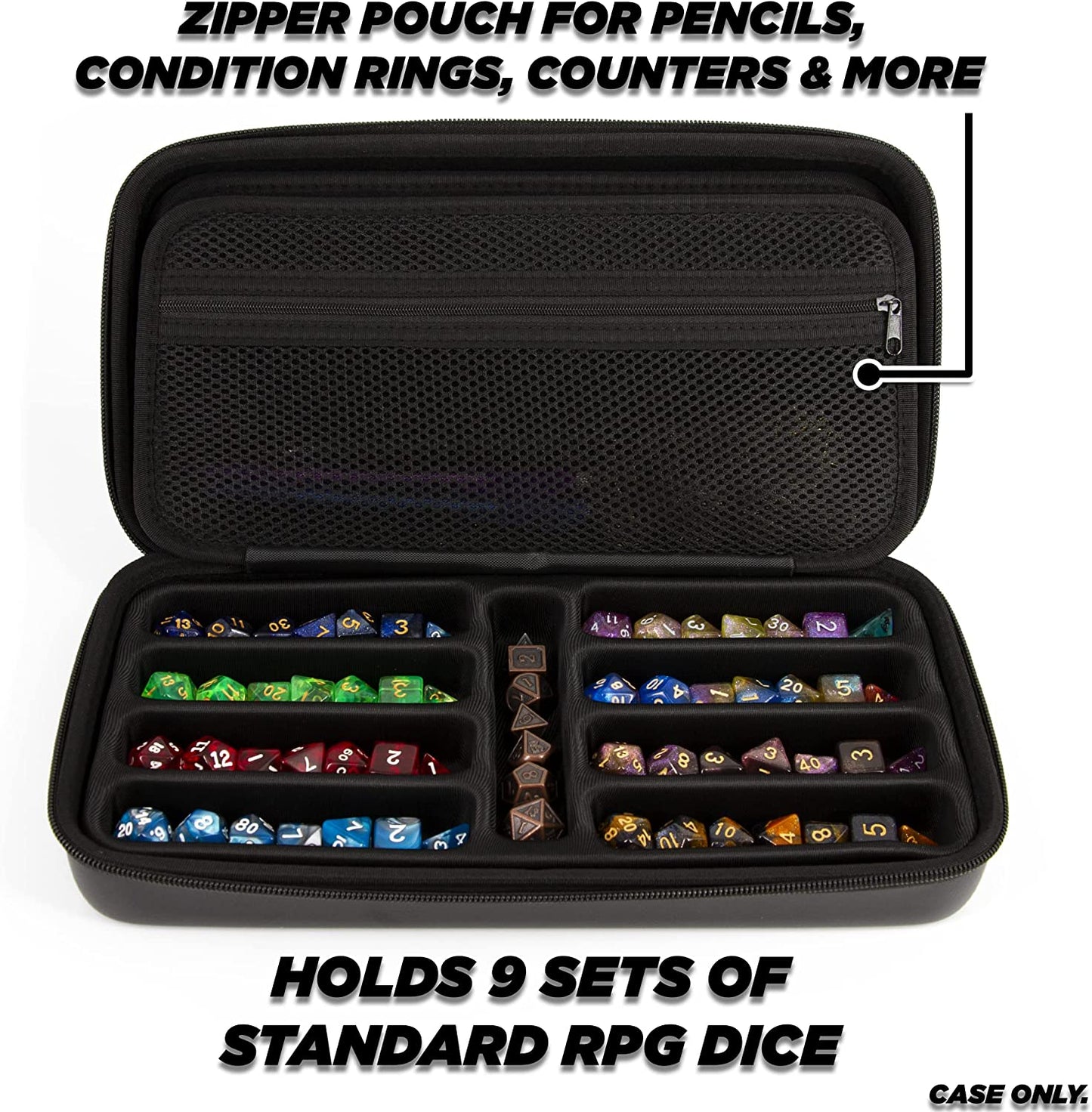 Dice Box and Card Case for 9 Sets of RPG Dice, Spell Cards, Counters and Other Accessories - Dice Holder with Embossed Dragon Design