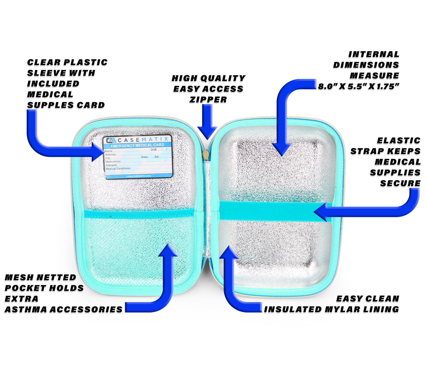 8" Turquoise Asthma Inhaler Case for Travel Fits Spacer, Mask and Accessories, Includes Case Only