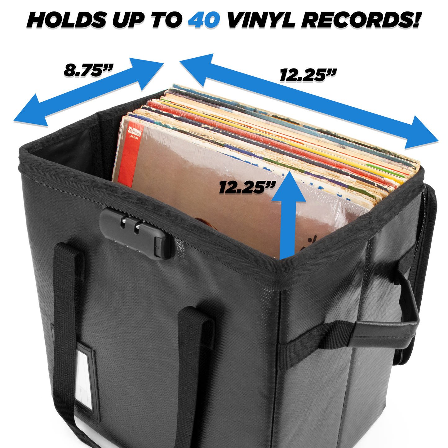 Vinyl Record Case For Up To 40 Records - Fire Resistant Vinyl Record Storage Case with Combination Lock and Removable Divider
