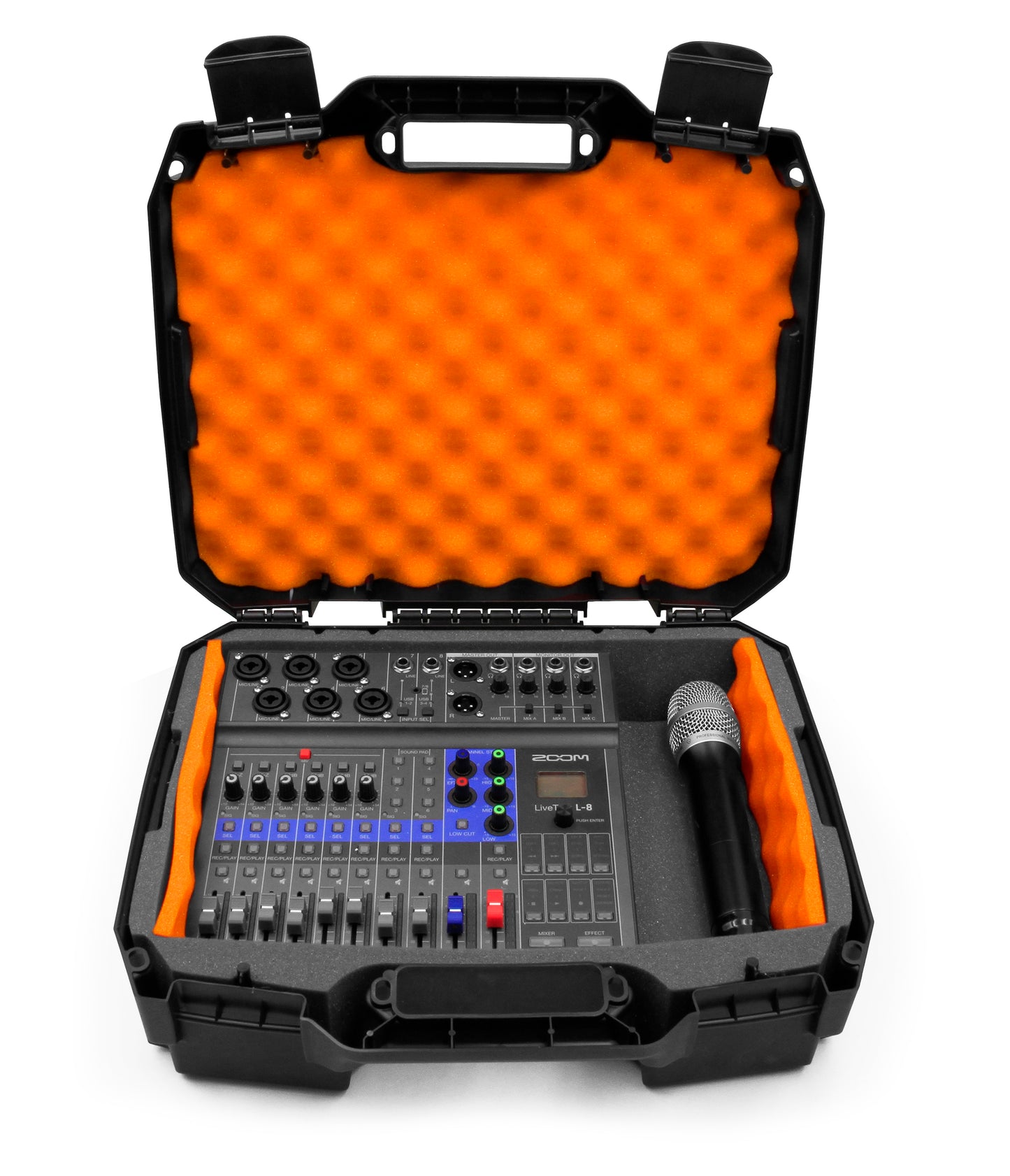 Portable Studio Mixer Case Compatible with Zoom LiveTrak L-8 Digital Recorder and Microphone- Custom Foam with Dual Padlock Holes & Carry Handle