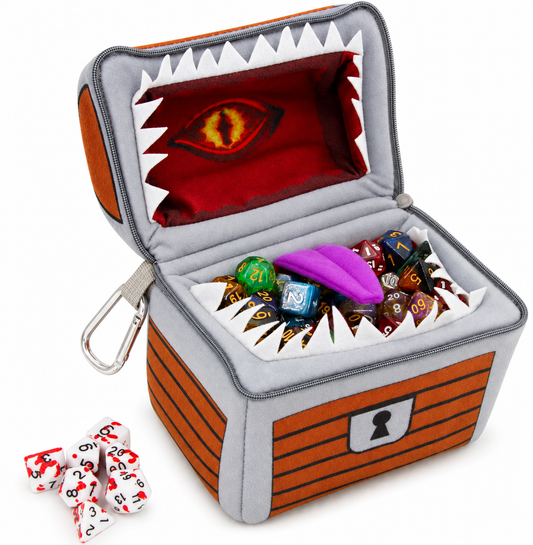 Mimic Dice Chest and Dice Jail with 7 Included RPG Dice - 6.5" Plush Mimic Chest Dice Bag with Zipper Closure and Carabiner for 150 Dice