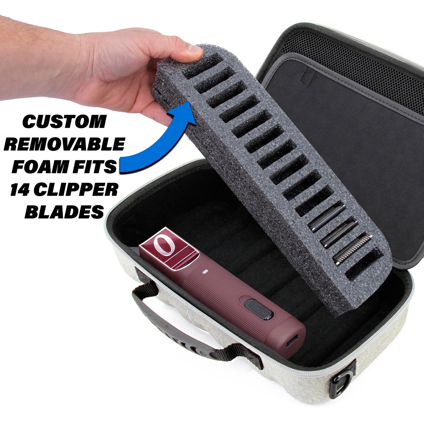 Hair Clipper Case For Barbers Compatible with 14 Metal Andis, Oster, Wahl - Detachable Clipper Blades, Includes Grey Carry Case Only
