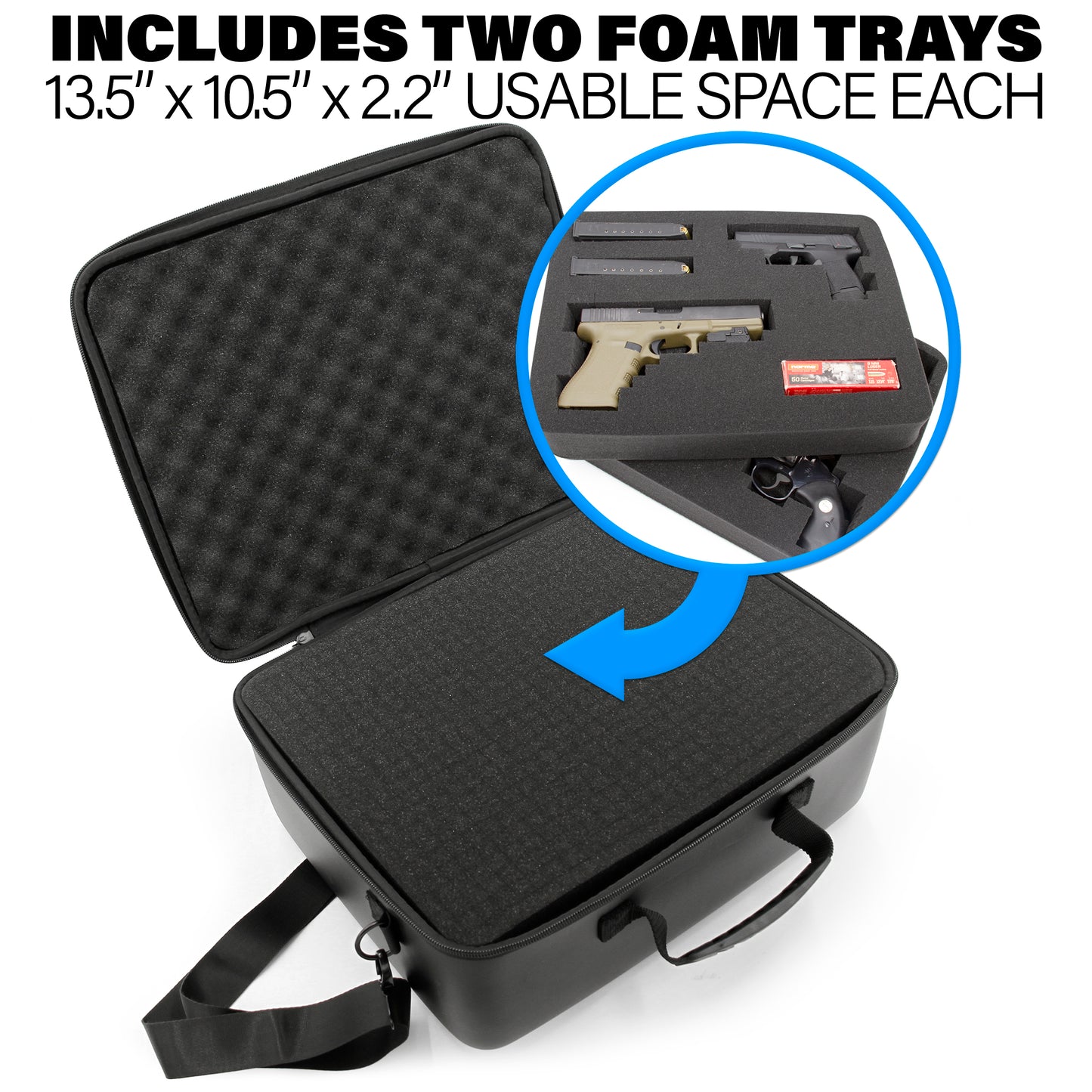 Gun Case Pistol Range Bag - Durable EVA Gun Bag with Two Layers of Customizable Foam for Up To 4 Handguns with Shoulder Strap