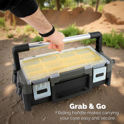 Ammo Storage Box – Two-Tier Expandable Ammo Case with Folding Handle & Clear Lid, Removable Trays, Large-Capacity Ammo Organizer for Loose Ammunition