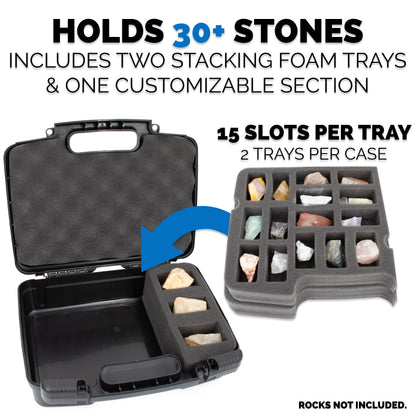 Rock Collection Travel Case - 30 Slot Rock Collection Box with Two Pre-Cut Foam Trays, Protective Crystal Storage Travel Case with Customizable Foam Section!