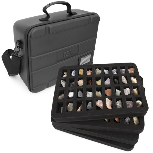Rock Collection Travel Case - 144 Slot Rock Collection Box with Four Protective Foam Trays, Crystal Storage and Travel Case with Shoulder Strap