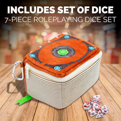 Mimic Tome Dice Chest and Dice Case with 7 Included RPG Dice - Plush Dice Bag with Zipper Closure and Carabiner for 250 DnD Tabletop Dice