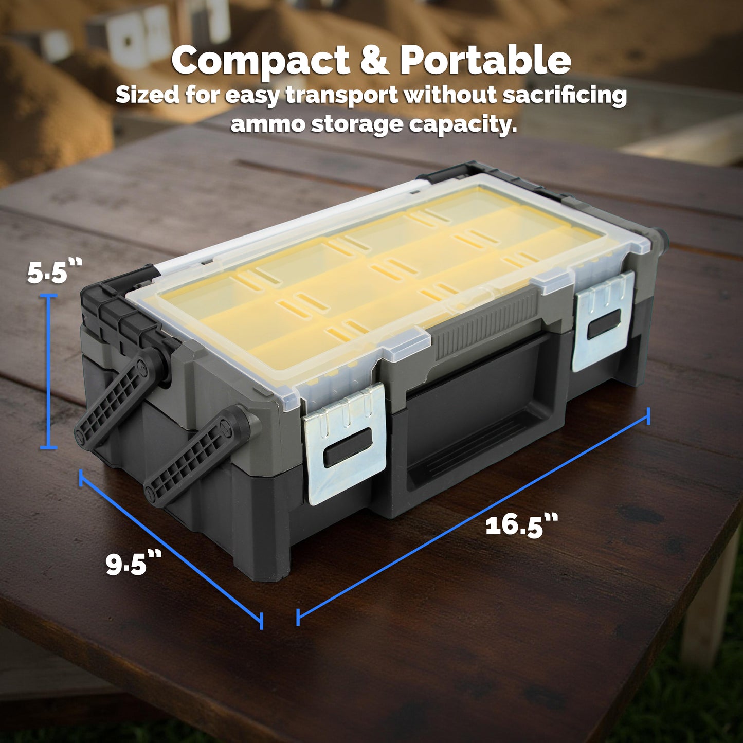 Ammo Storage Box – Two-Tier Expandable Ammo Case with Folding Handle & Clear Lid, Removable Trays, Large-Capacity Ammo Organizer for Loose Ammunition