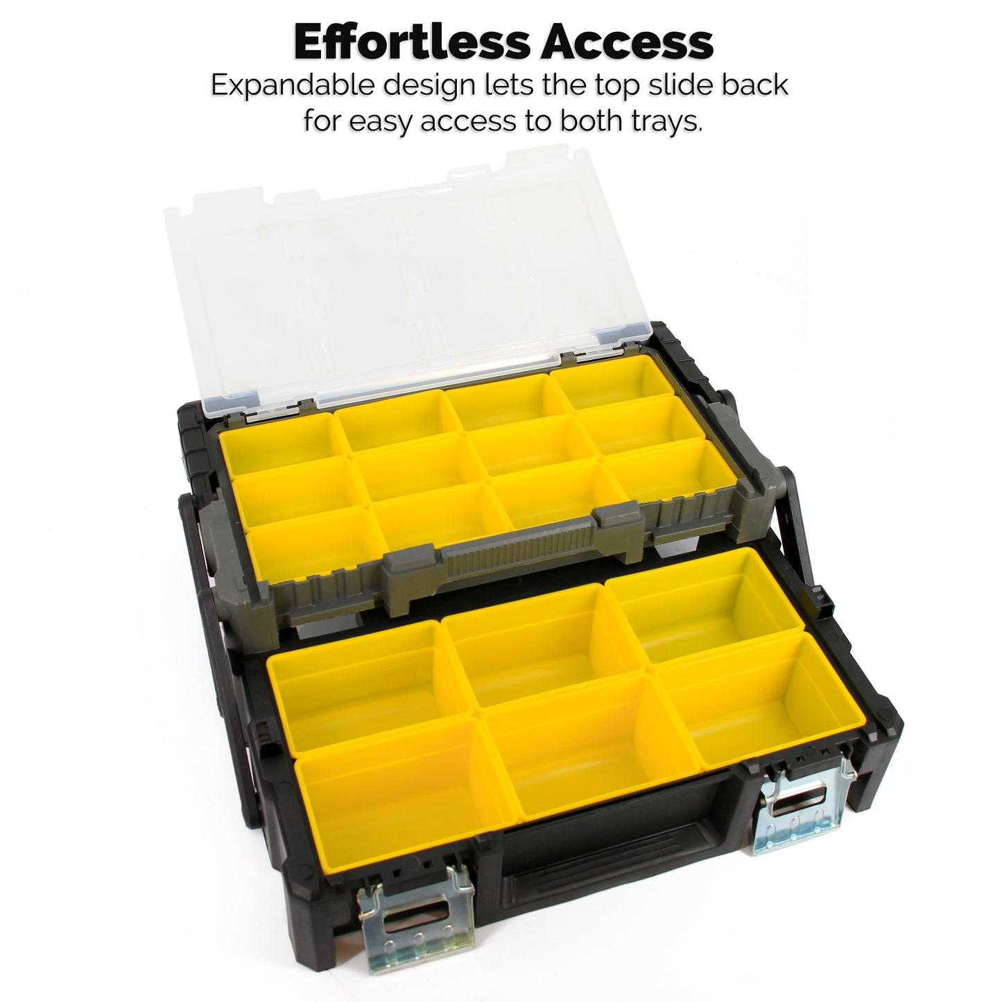 Ammo Storage Box – Two-Tier Expandable Ammo Case with Folding Handle & Clear Lid, Removable Trays, Large-Capacity Ammo Organizer for Loose Ammunition