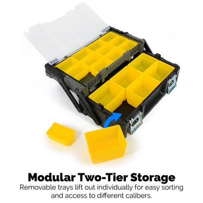 Ammo Storage Box – Two-Tier Expandable Ammo Case with Folding Handle & Clear Lid, Removable Trays, Large-Capacity Ammo Organizer for Loose Ammunition