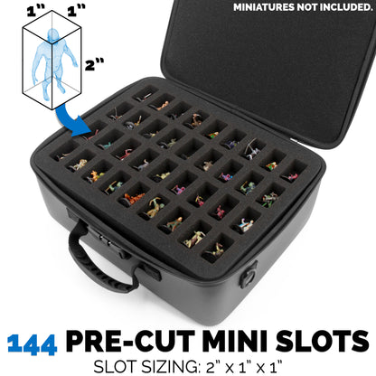 Miniature Carrying Case with Programmable Lock - 144 Slot Miniature Storage Case with Four Foam Trays For Minis, Shoulder Strap and More!