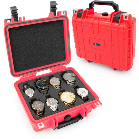 Watch Travel Case With 8 Watch Roll Holders Included - Waterproof Watch Case With Foam Watch Box Display Tray, Fits 24mm to 56mm Faces, Red