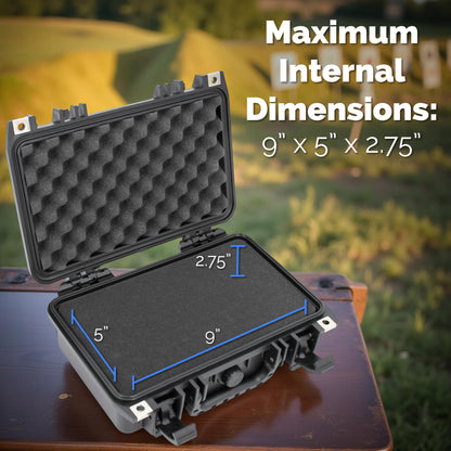 12" Hard Gun Case - Waterproof Shockproof Pistol Case with Customizable Foam Interior for 9mm Handgun & Accessories Storage