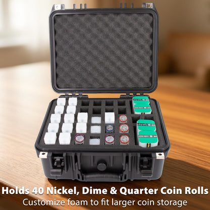 13" Coin Tube Case – Waterproof Coin Storage Organizer Holds 40 Penny, Nickel, Dime & Quarter Coin Rolls or Customize for Half Dollar or Silver Eagle